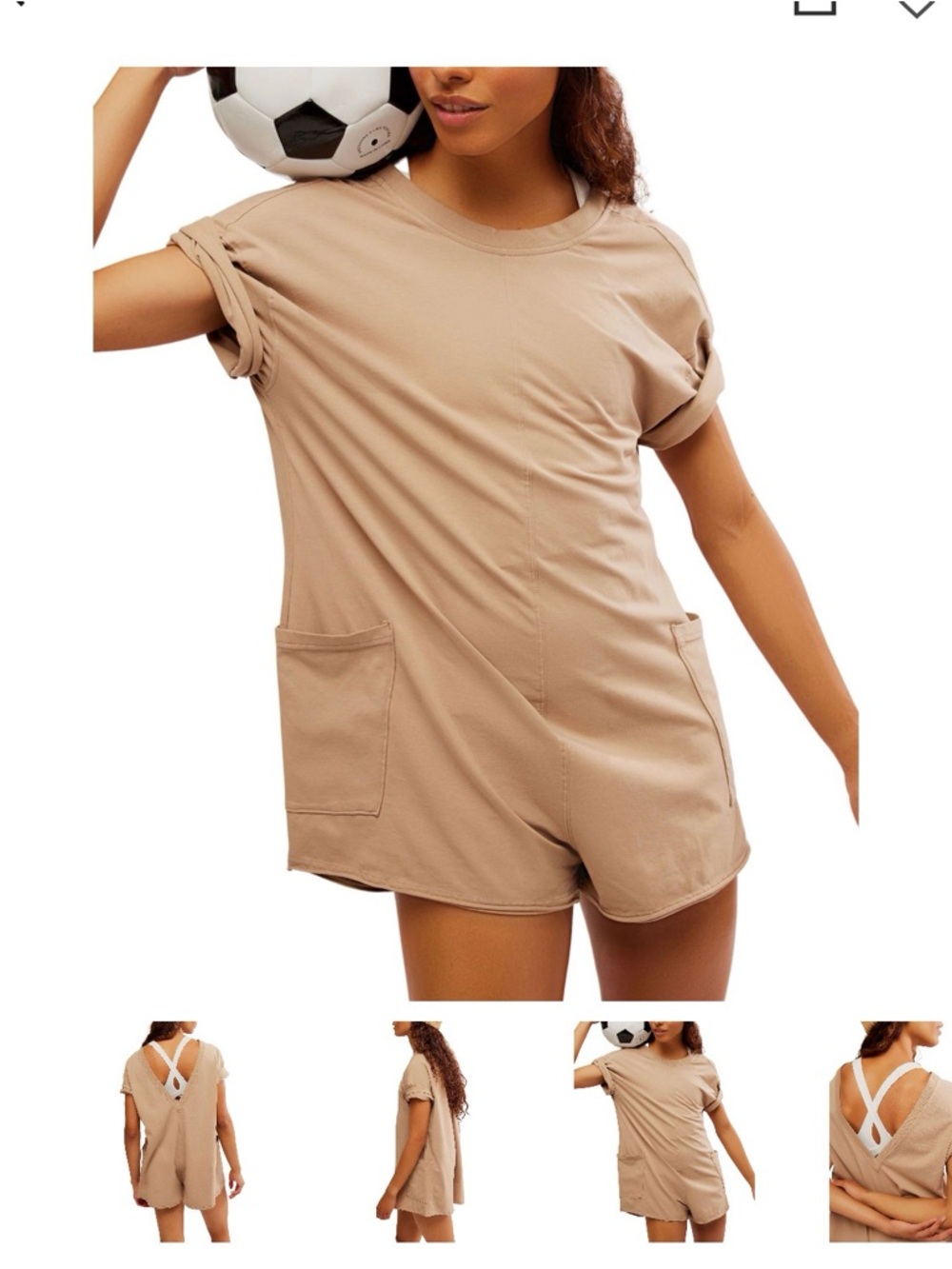 FP Movement by Free People Beige Short Sleeve Pocket Hot Shot Romper